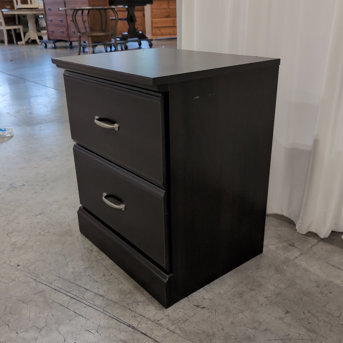 Dark Espresso Two-Drawer Nightstand with Silver Pulls