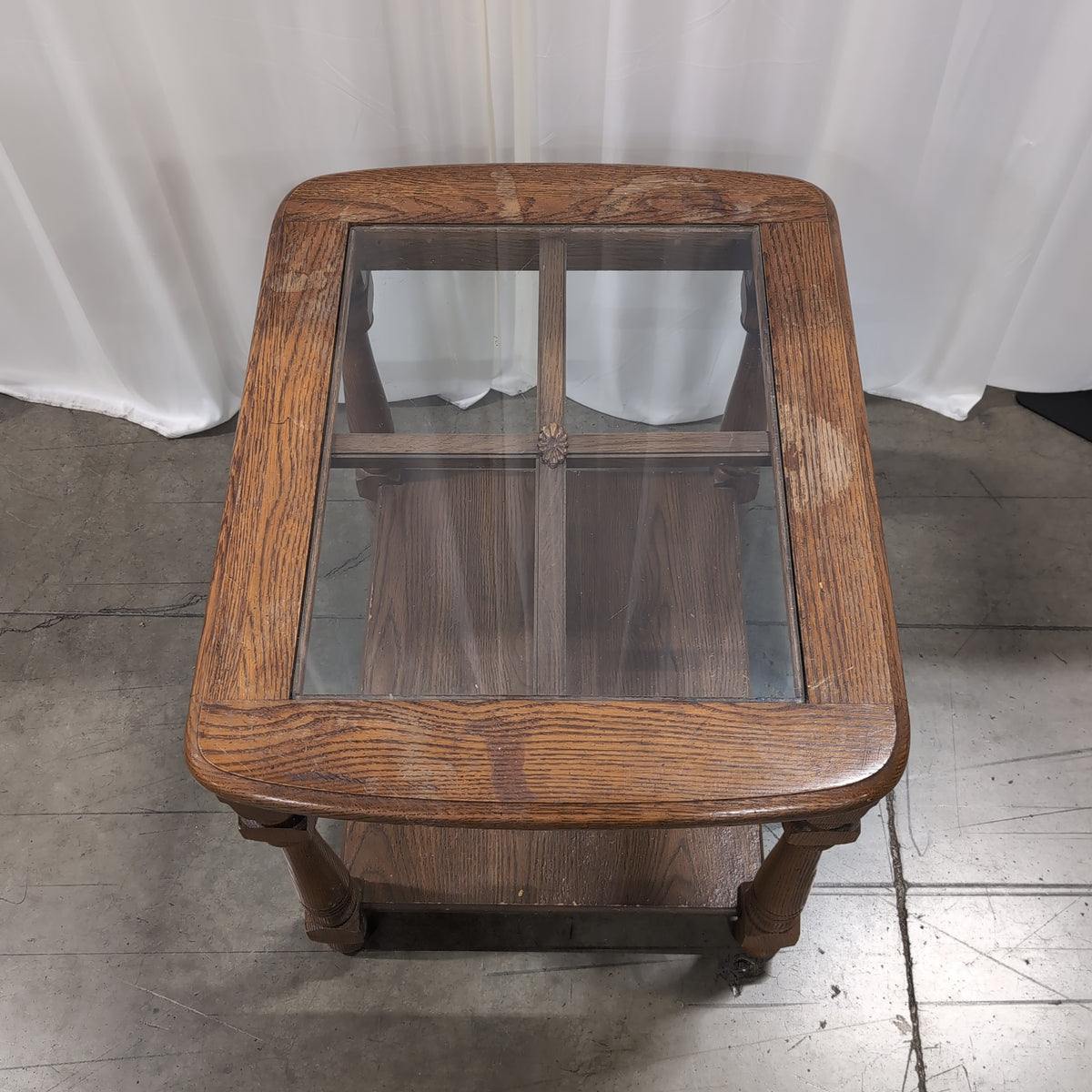Medium Brown Wood End Table with Glass Top