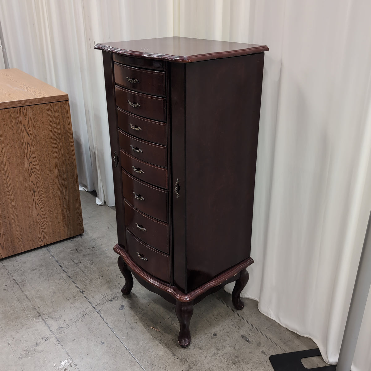 Traditional Dark Cherry Wood Jewelry Armoire with Ornate Hardware