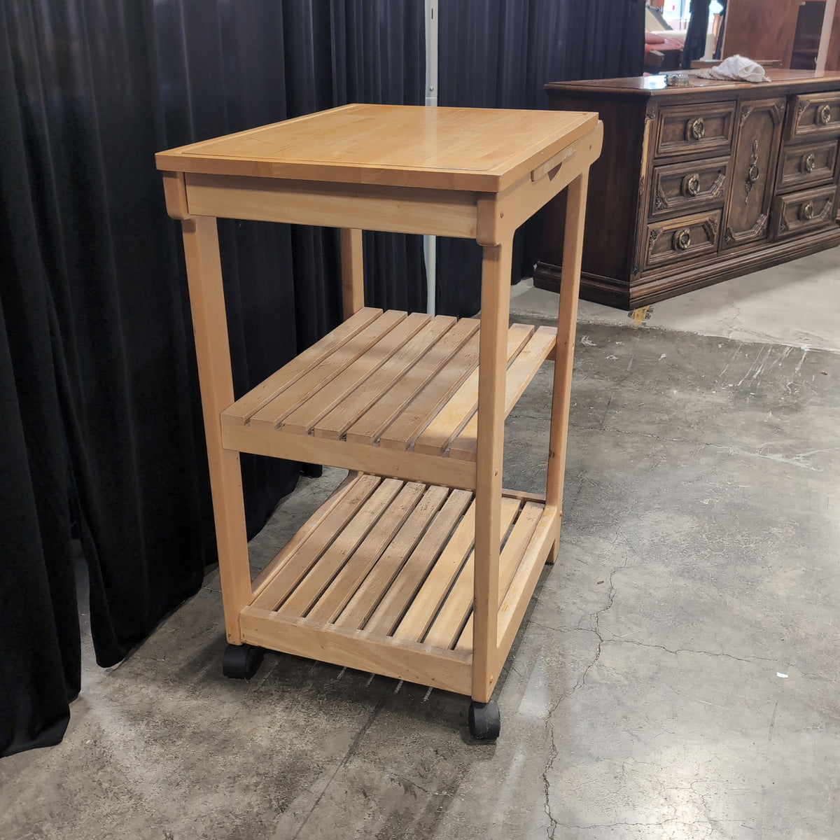 Light Wood Two-Shelf Kitchen Cart with Drawer