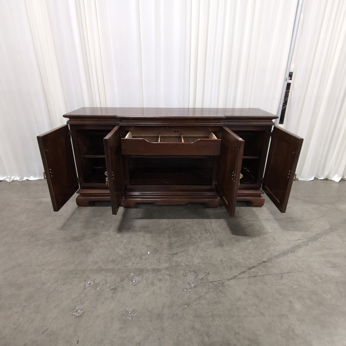 Ornate Dark Wood Buffet with Burl Panels