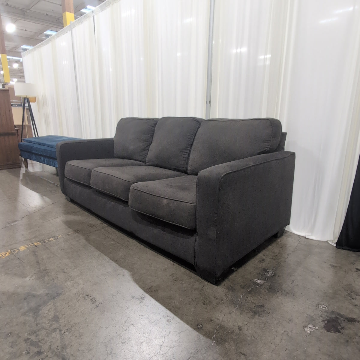 Textured Grey Fabric Couch with Track Arms