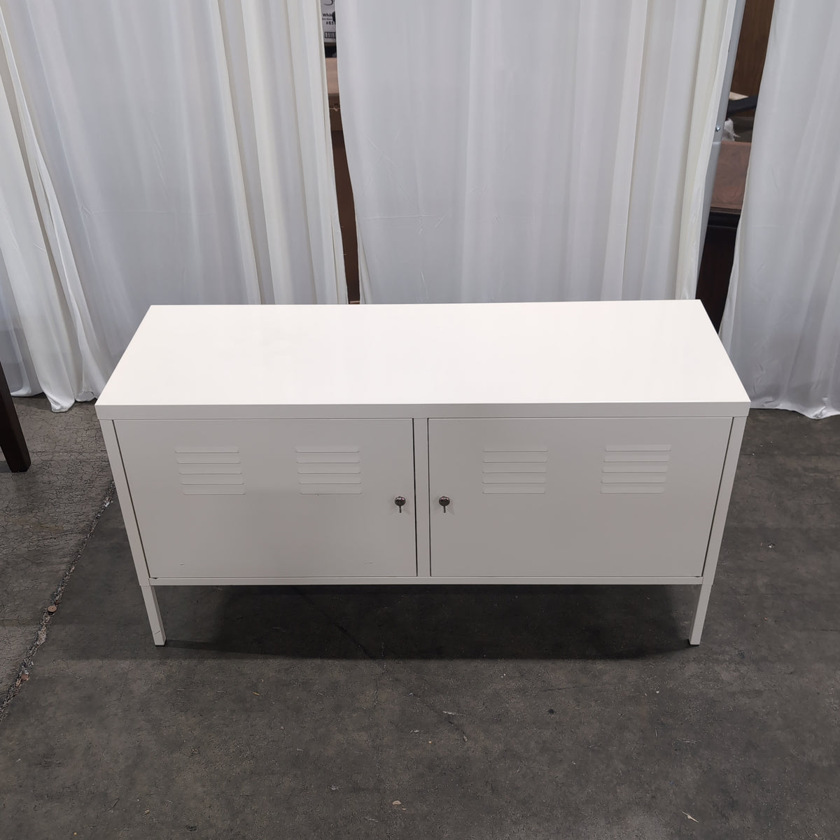 White Industrial Metal TV Stand with Locker Doors