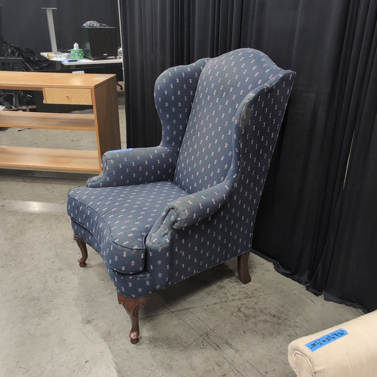 Blue Patterned Wingback Chair with Cabriole Legs