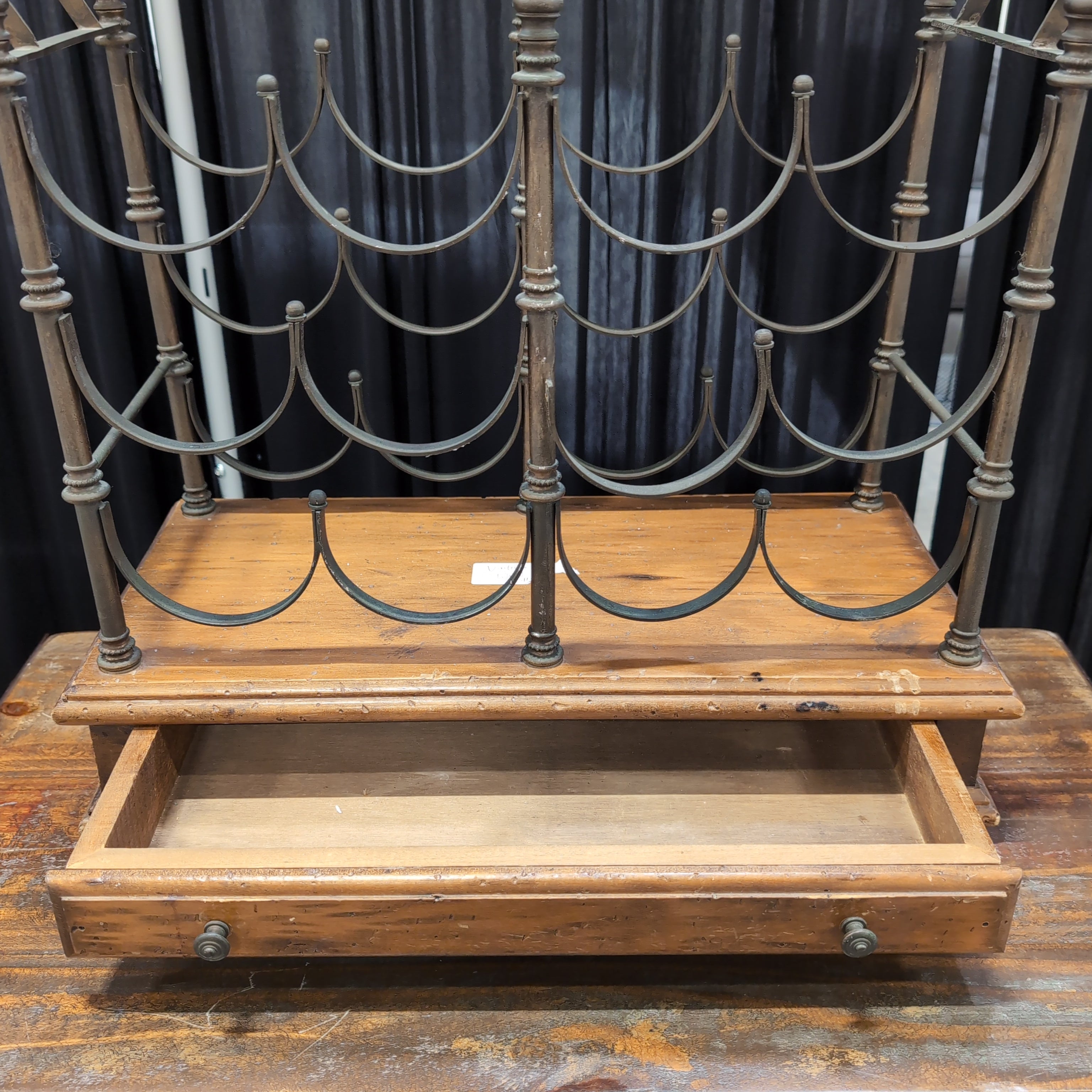 Rustic Dark Metal Wine Rack with a Drawer