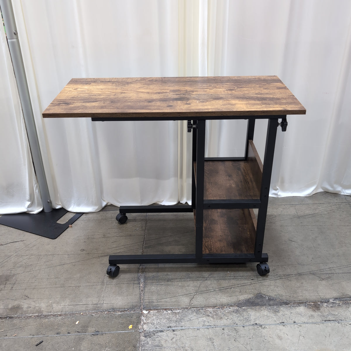 Two-Tier Dark Wood and Metal End Table with Wheels