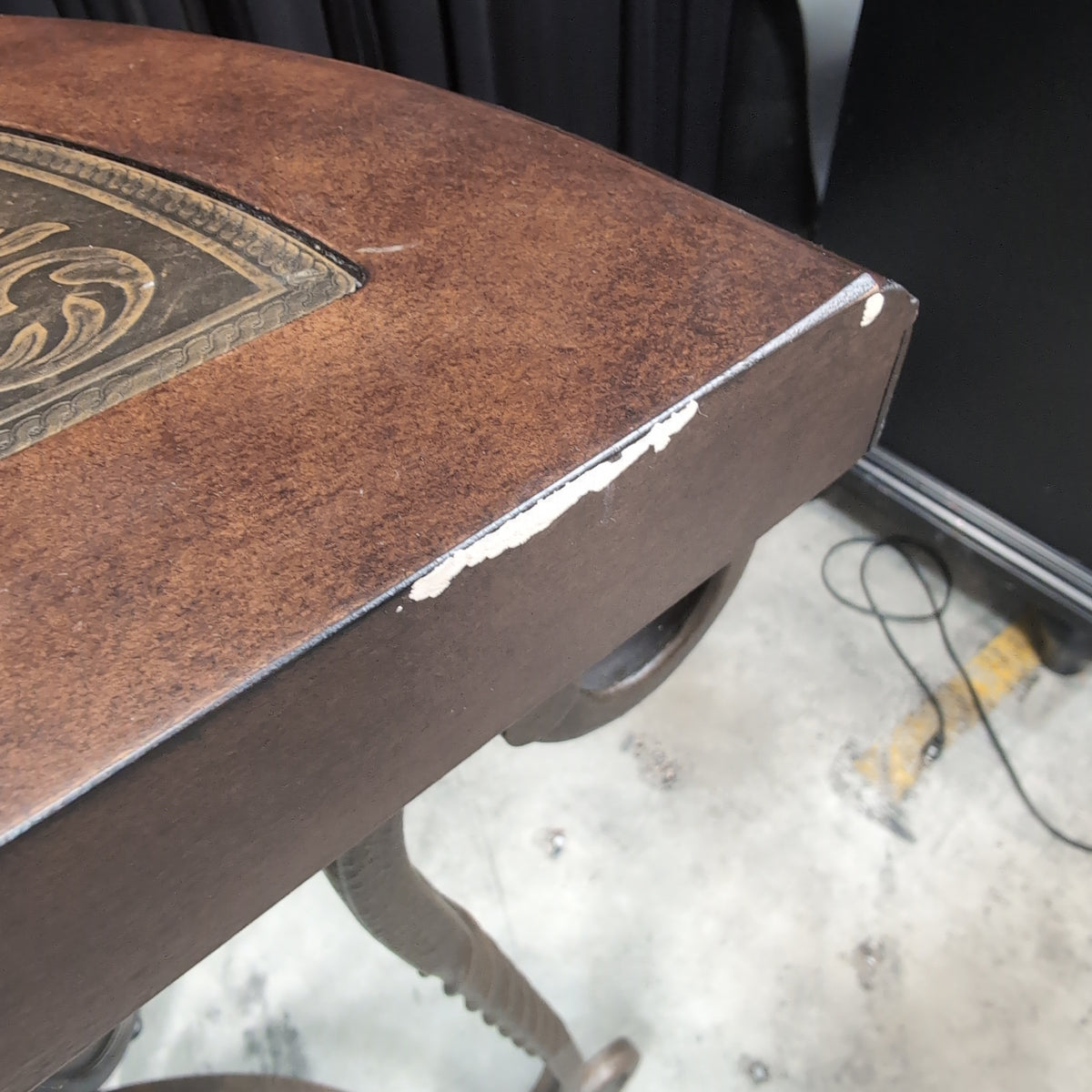 Demilune Dark Wood Console Table with Ornate Metal Base