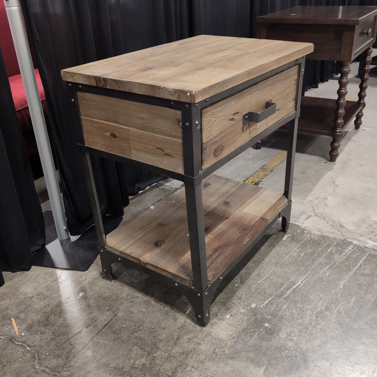 Rustic Wood and Dark Metal One-Drawer Nightstand