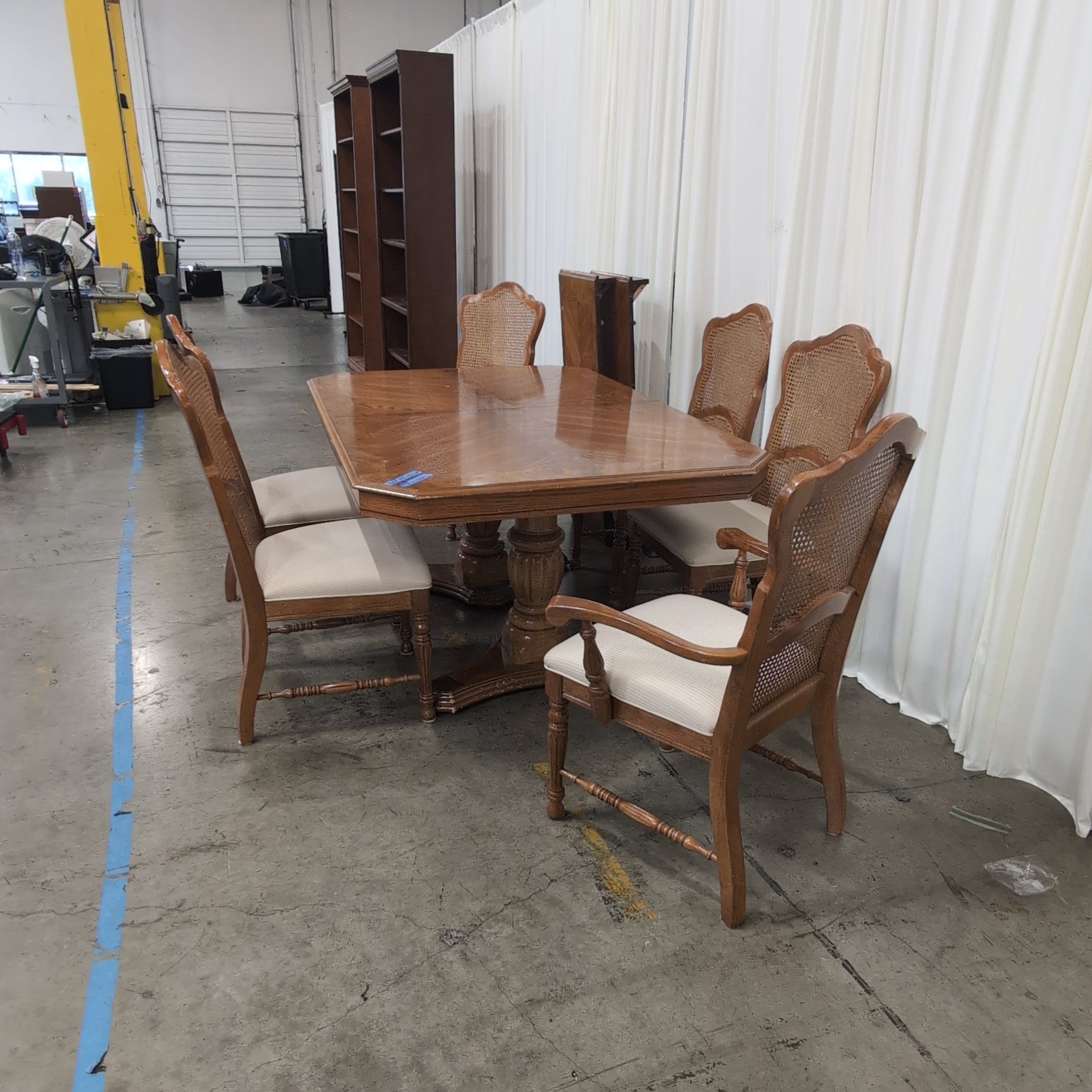 Traditional Cane Back Wood Dining Table with Six Chairs