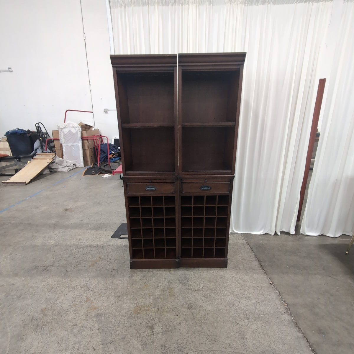 Pair of Pottery Barn Reddish-Brown Wood Wine Cabinet with Top Drawer