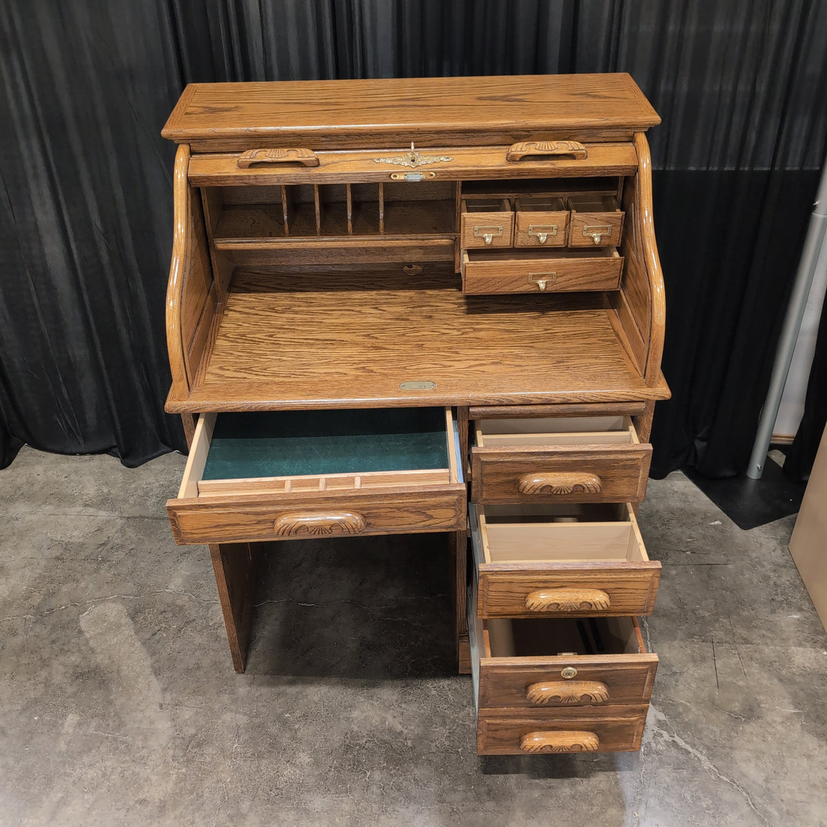 Traditional Oak Roll-Top Desk with Carved Pulls