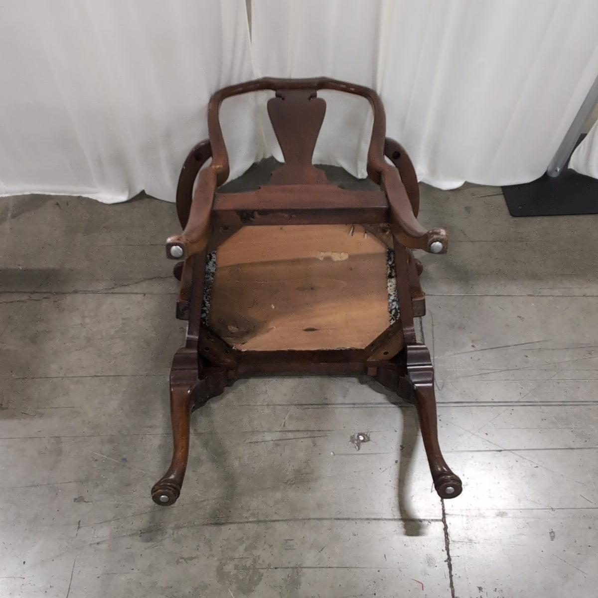 Queen Anne Style Dark Wood Armchair with Floral Upholstery