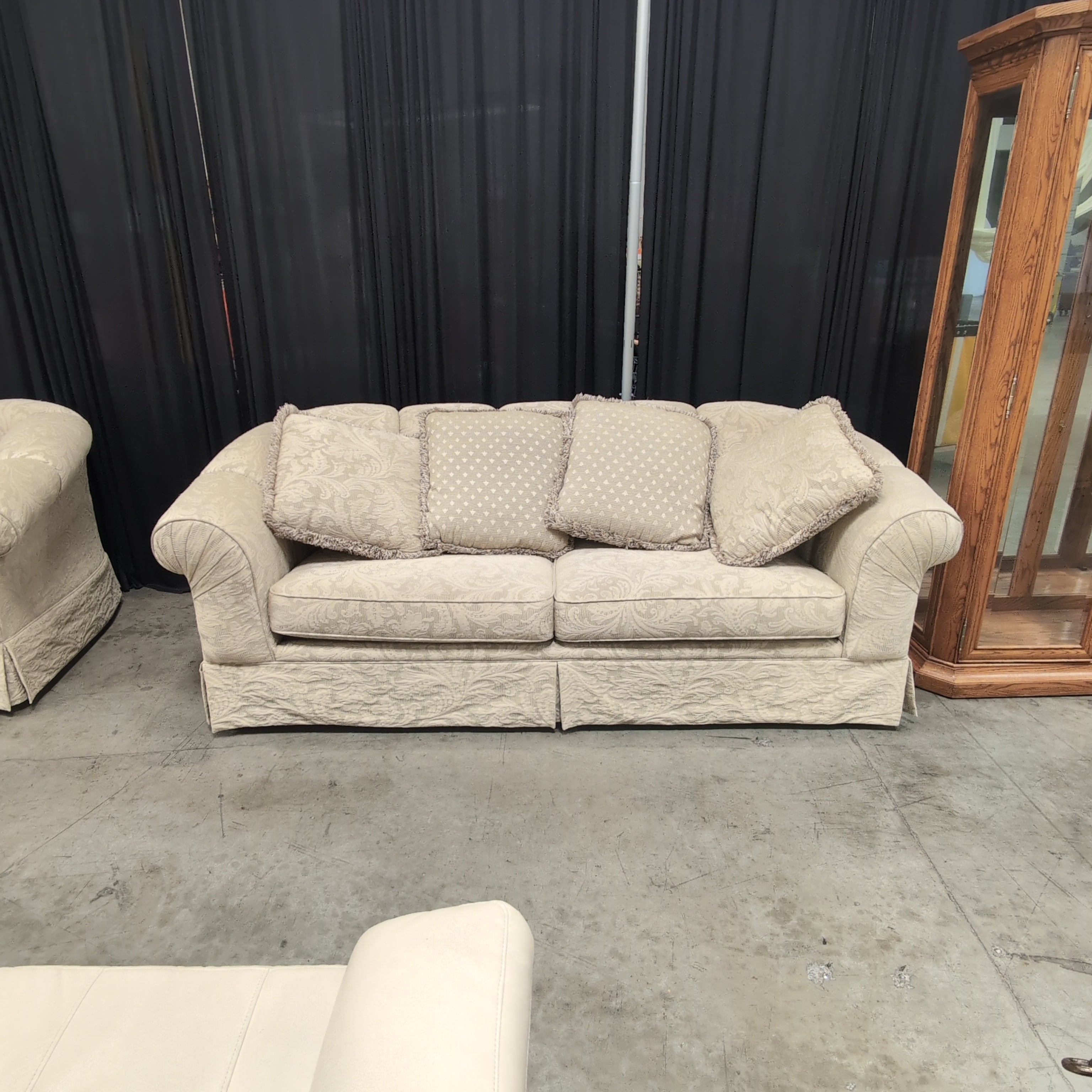 Traditional Beige Patterned Couch with Rolled Arms