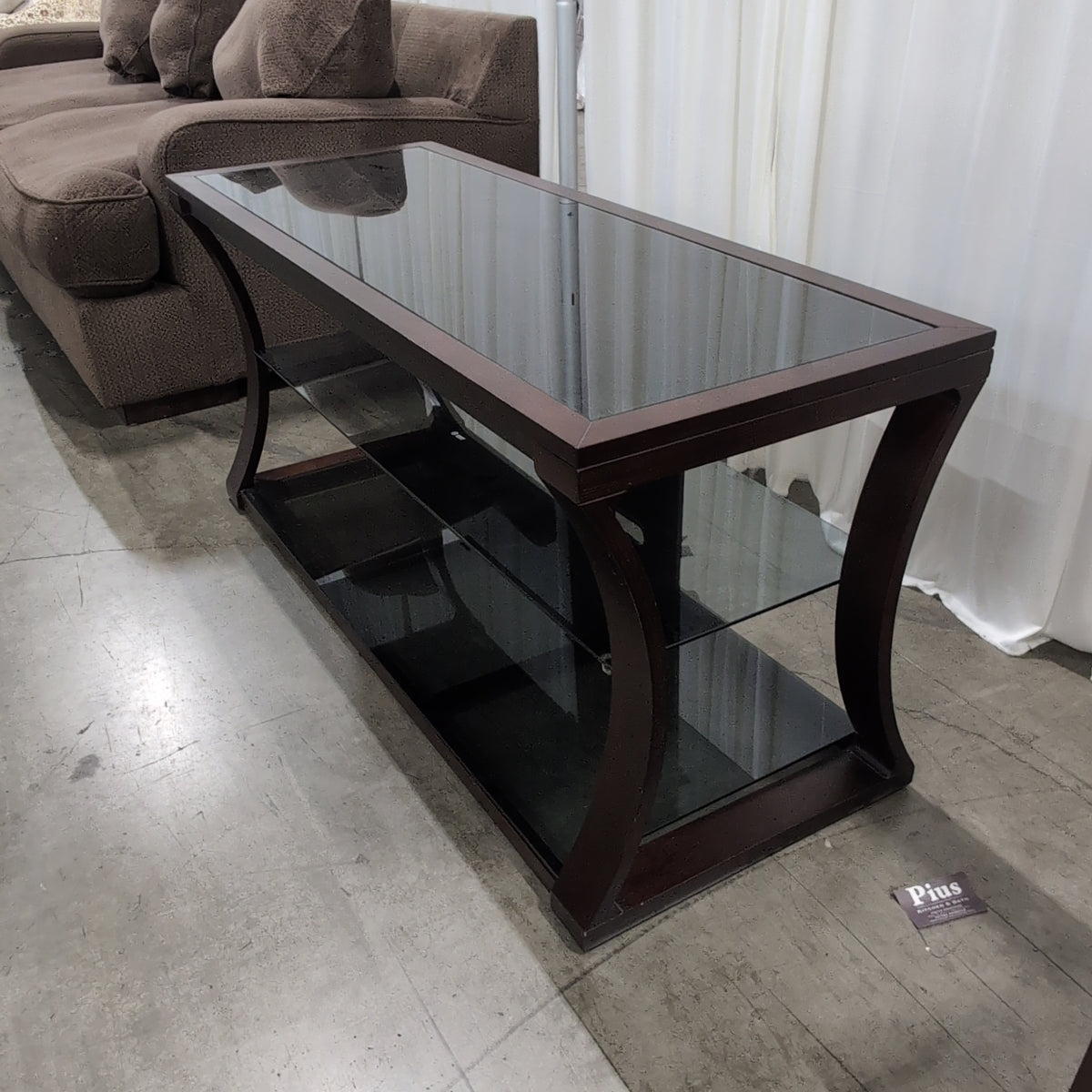 Dark Wood Multi-Tier TV Stand with Glass Shelves