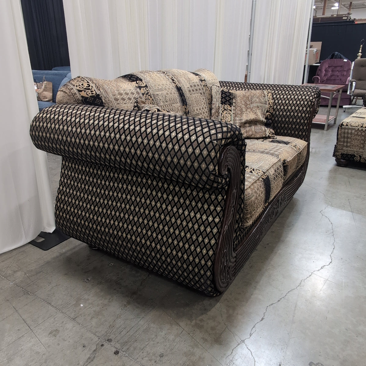 Multi-Tone Fabric Loveseat with Geometric Pattern