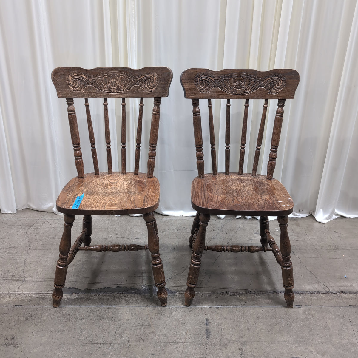 Pair of Brown Carved Spindle Back Dining Chair Pair