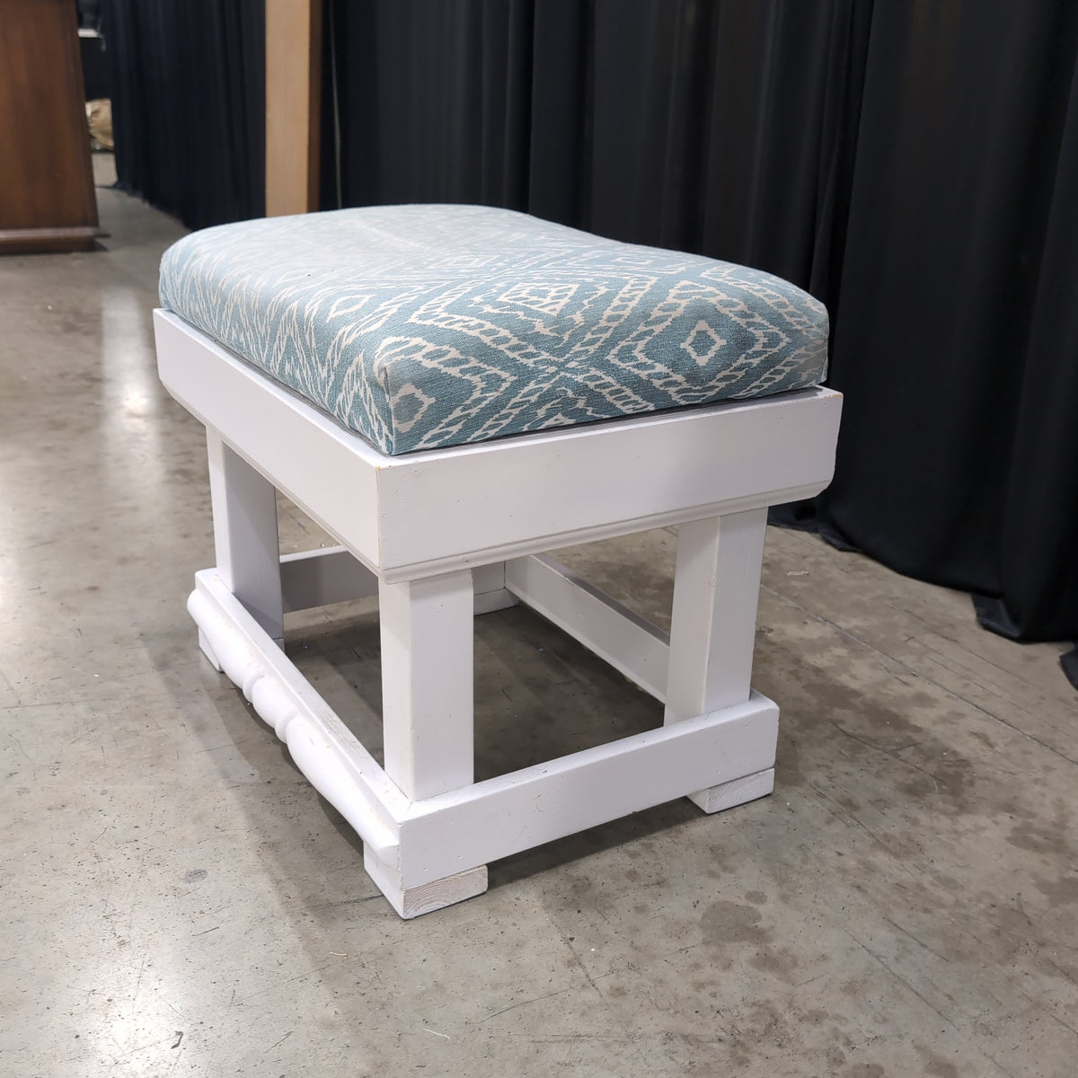 White Wood Ottoman with Patterned Cushion