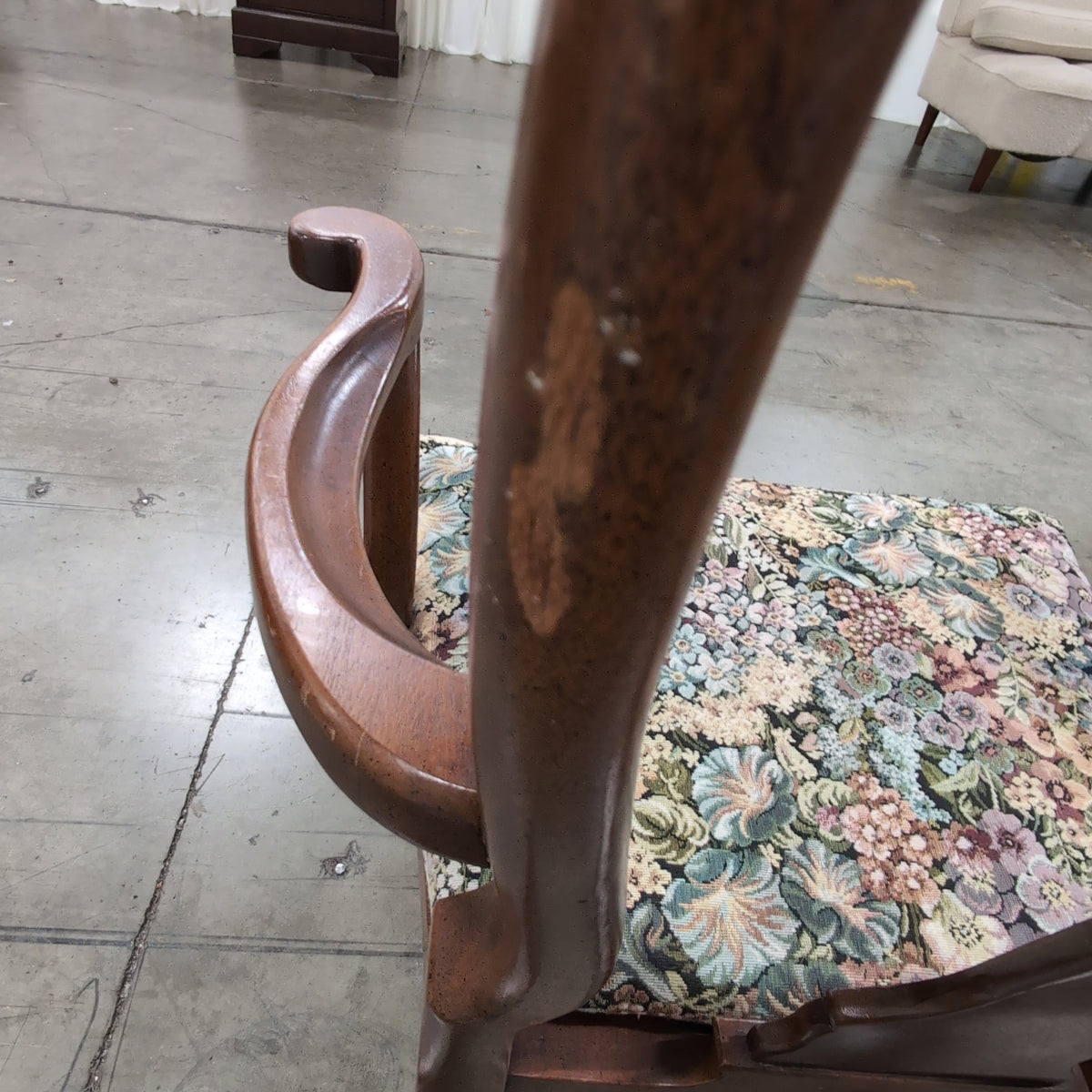Queen Anne Style Dark Wood Armchair with Floral Upholstery
