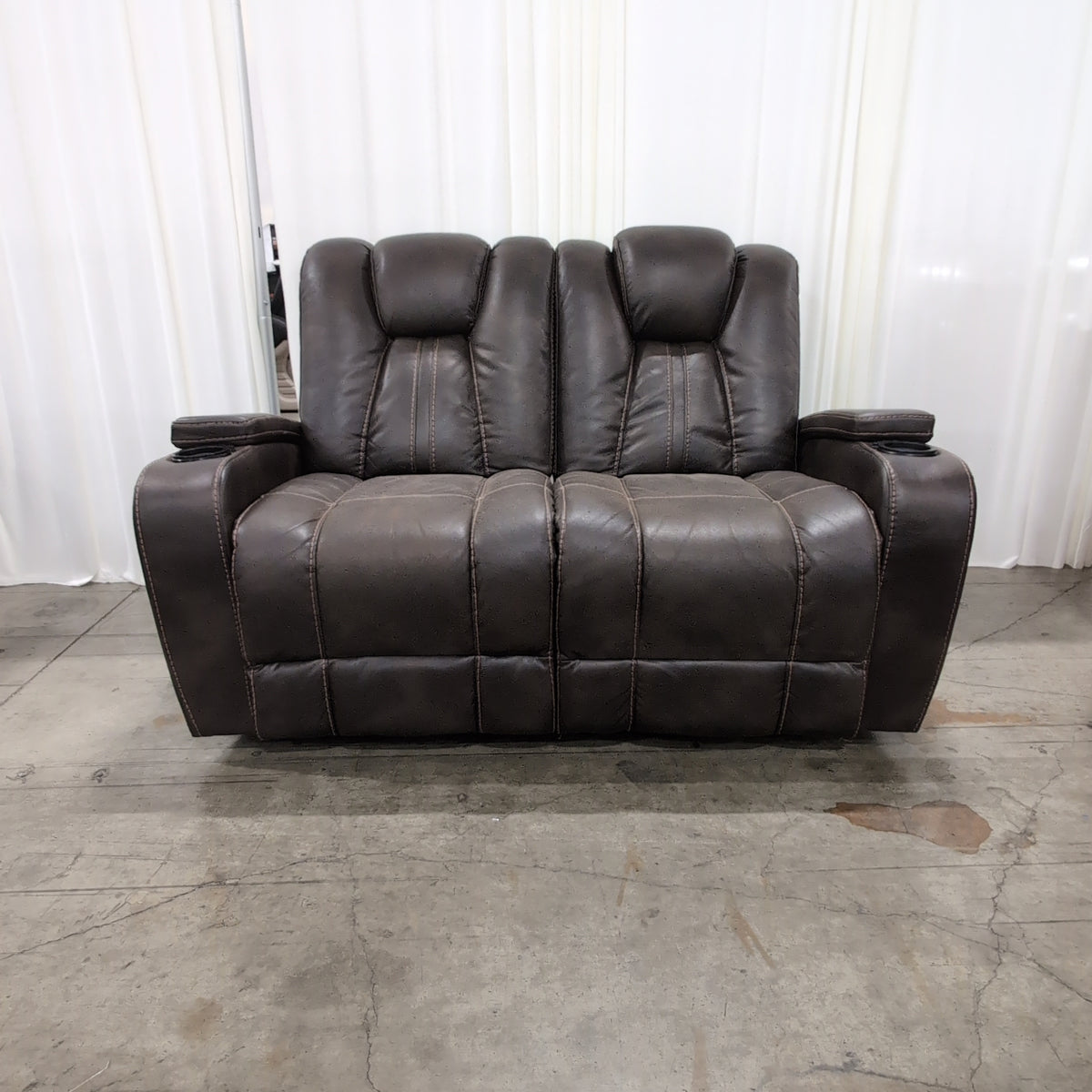 Man Wah Furniture-Modern Brown Faux Leather Reclining Loveseat with LED Cupholders