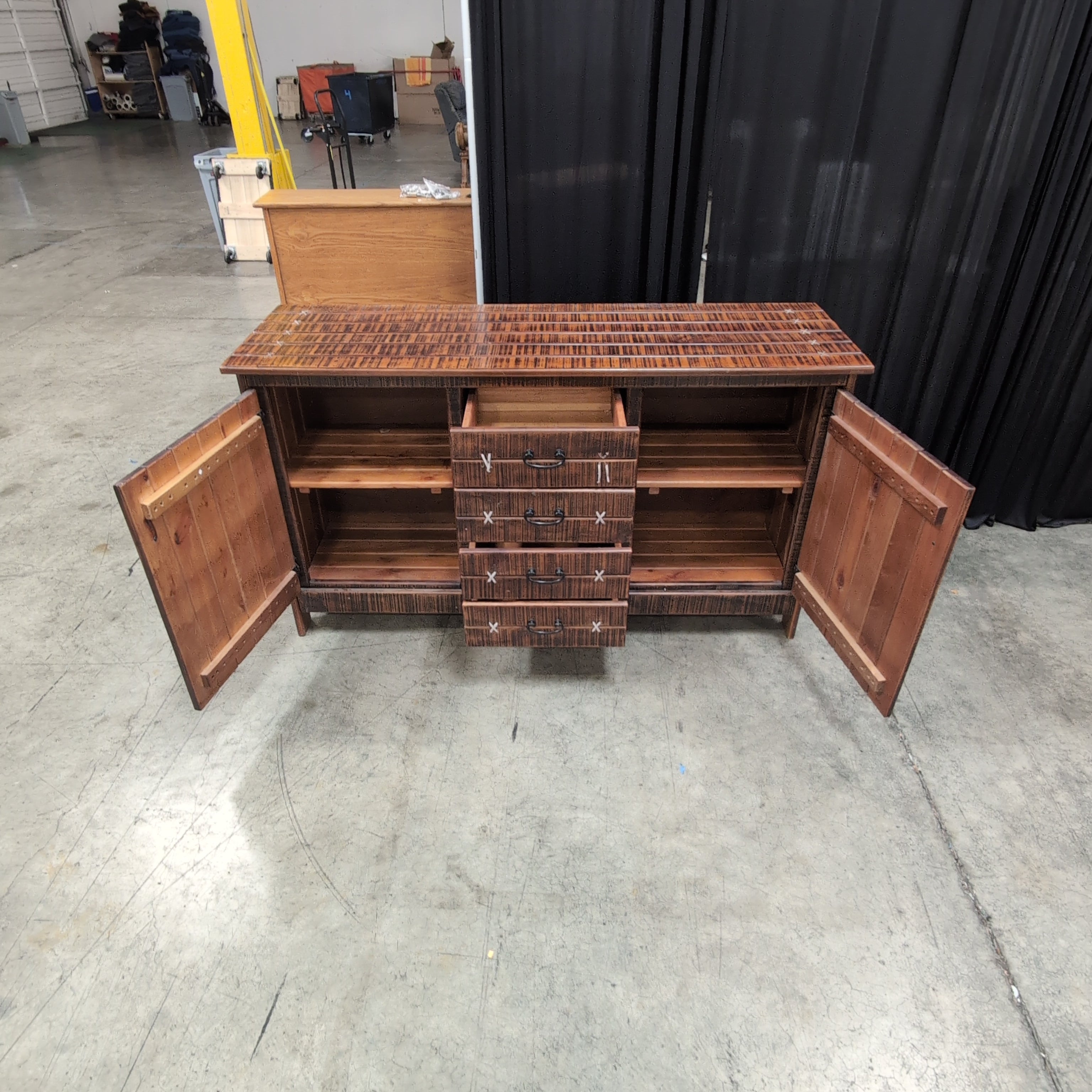 Rustic Dark Wood Buffet with X-Stitched Detail Doors