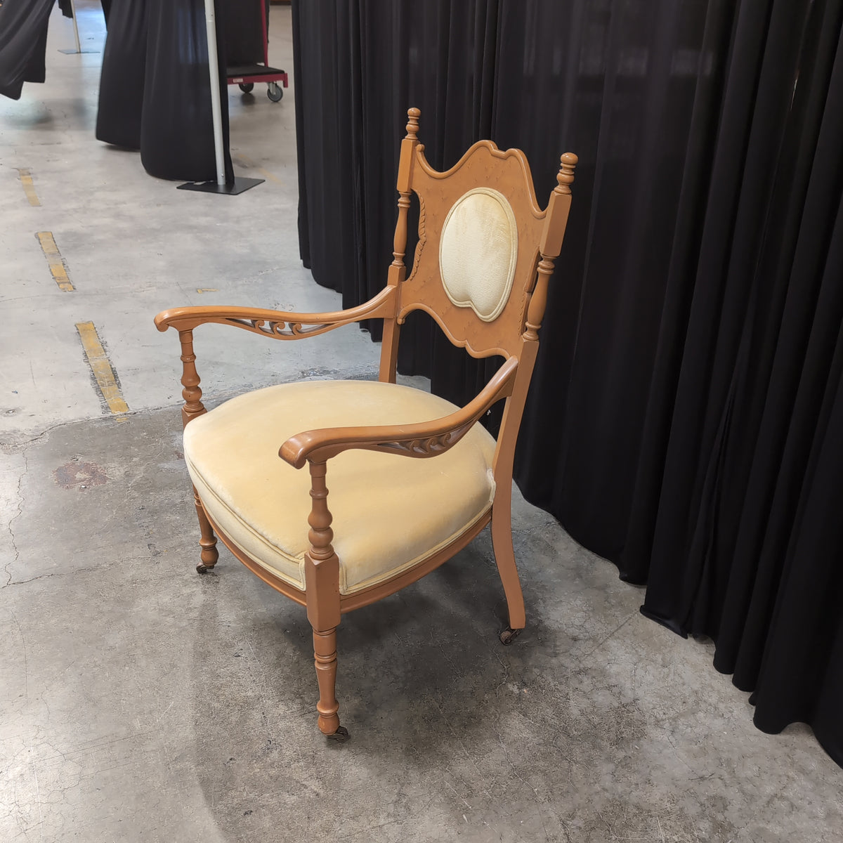 Vintage Style Carved Wood Accent Chair in Yellow Velvet