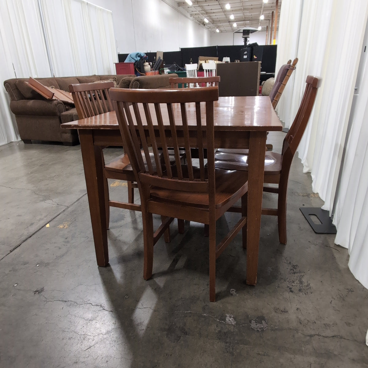 Brown Wood Dining Table and Four Chairs with Slatted Back Chairs