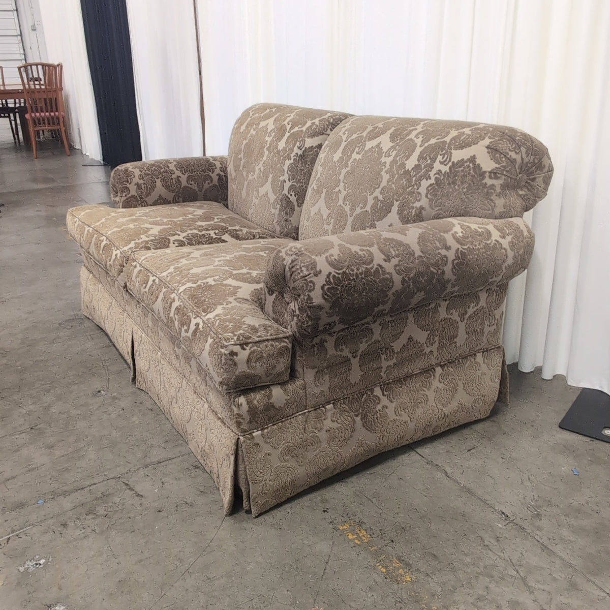 Traditional Brown Damask Upholstered Loveseat with Rolled Arms