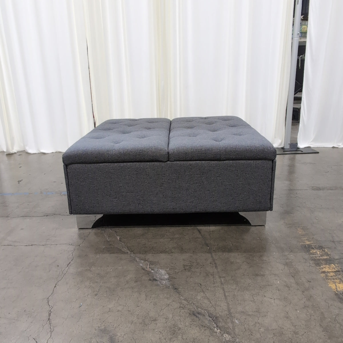 Gray Fabric Tufted Storage Ottoman with Metal Base