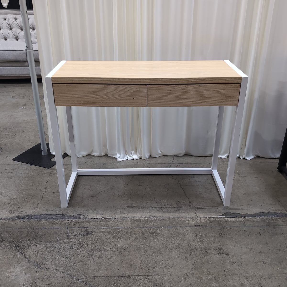Light Wood Two-Drawer Desk with White Metal Frame