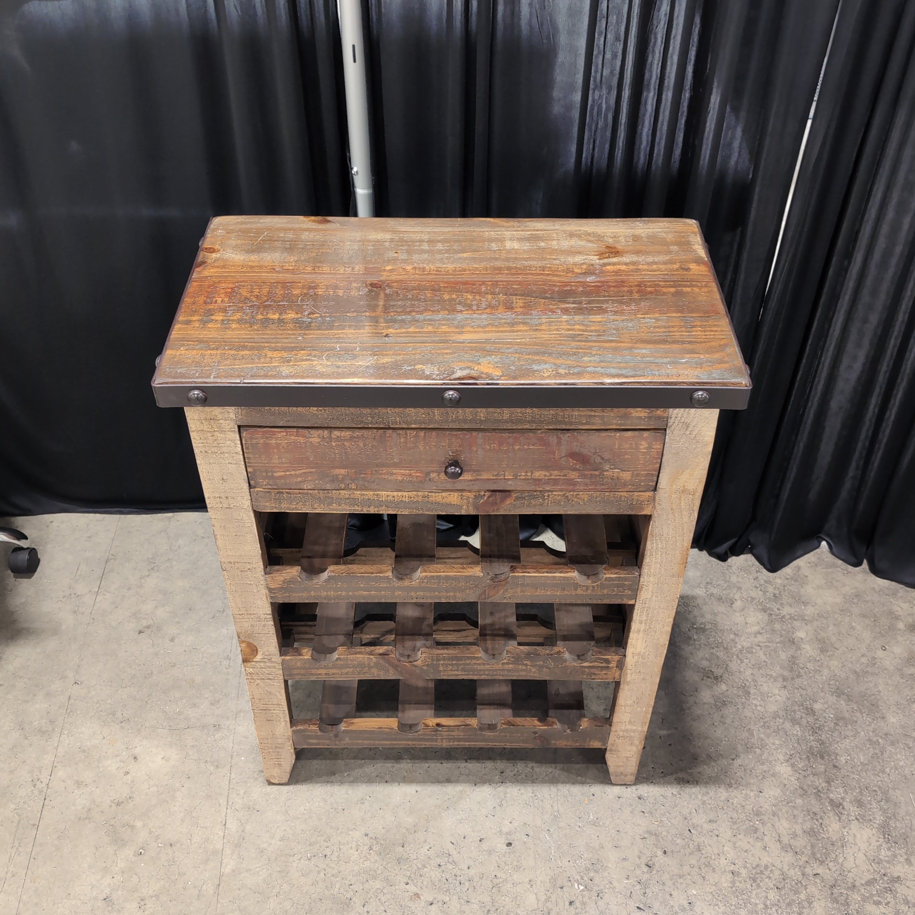 Rustic Wood End Table with Wine Rack Storage
