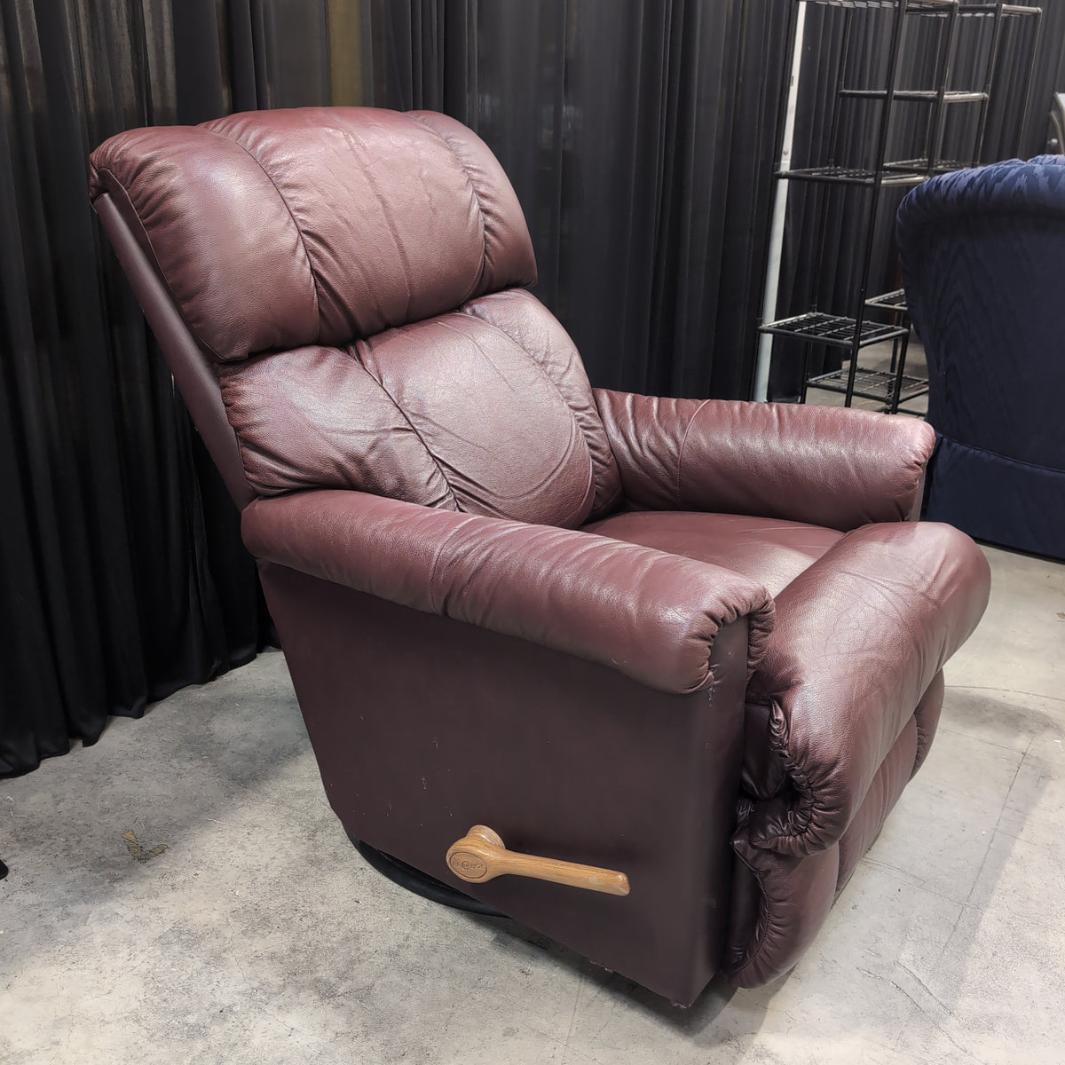 Burgundy Faux Leather Padded Recliner with Wooden Handle