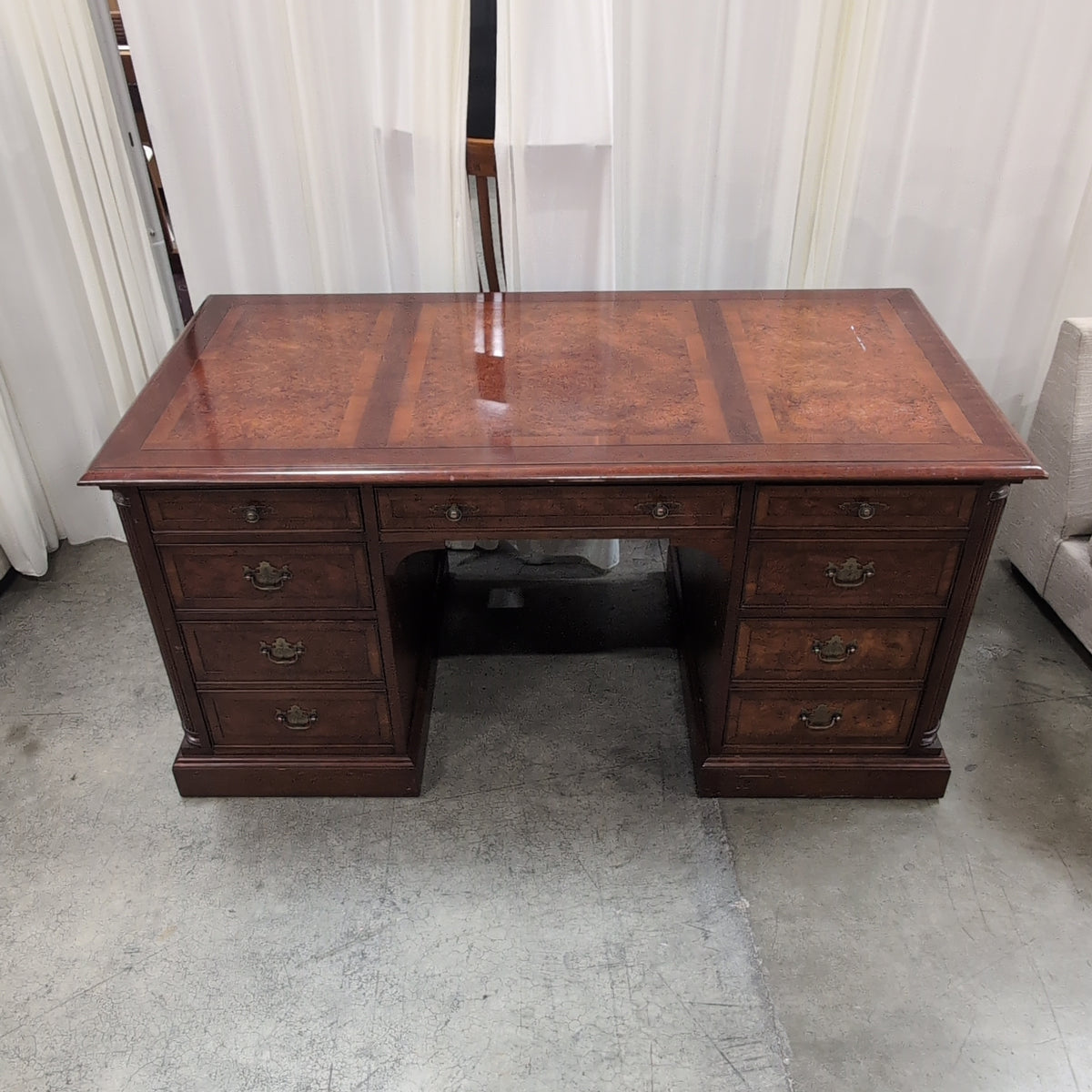 Traditional Mahogany Burl Top Executive Desk