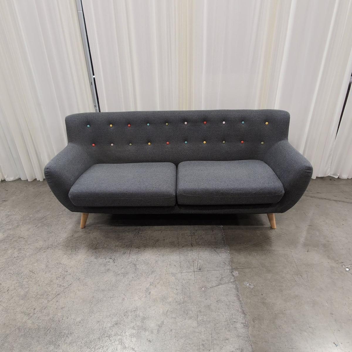 Mid-Century Gray Fabric Couch with Colorful Buttons