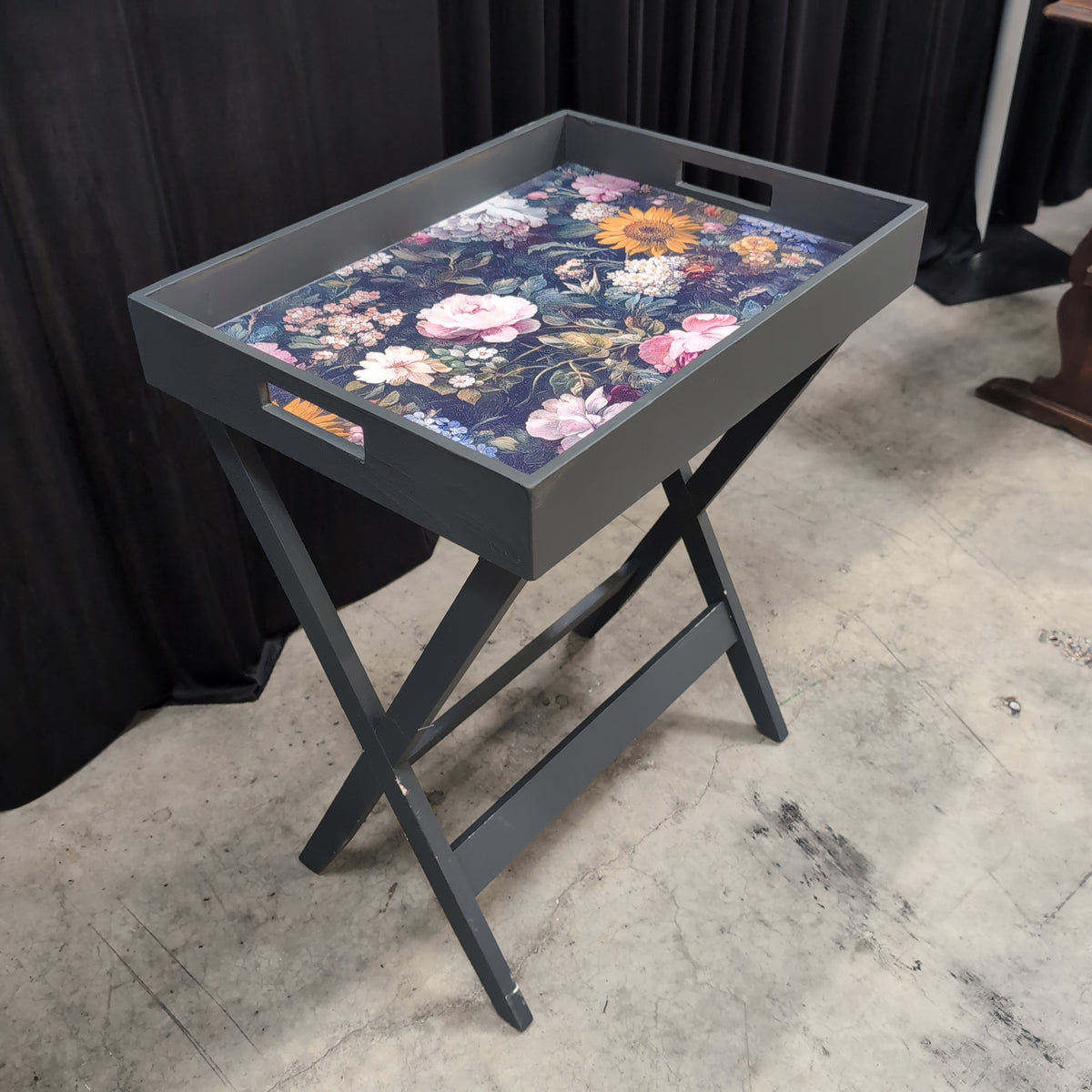 Pair of Black Folding TV Tray Tables with Floral Tops