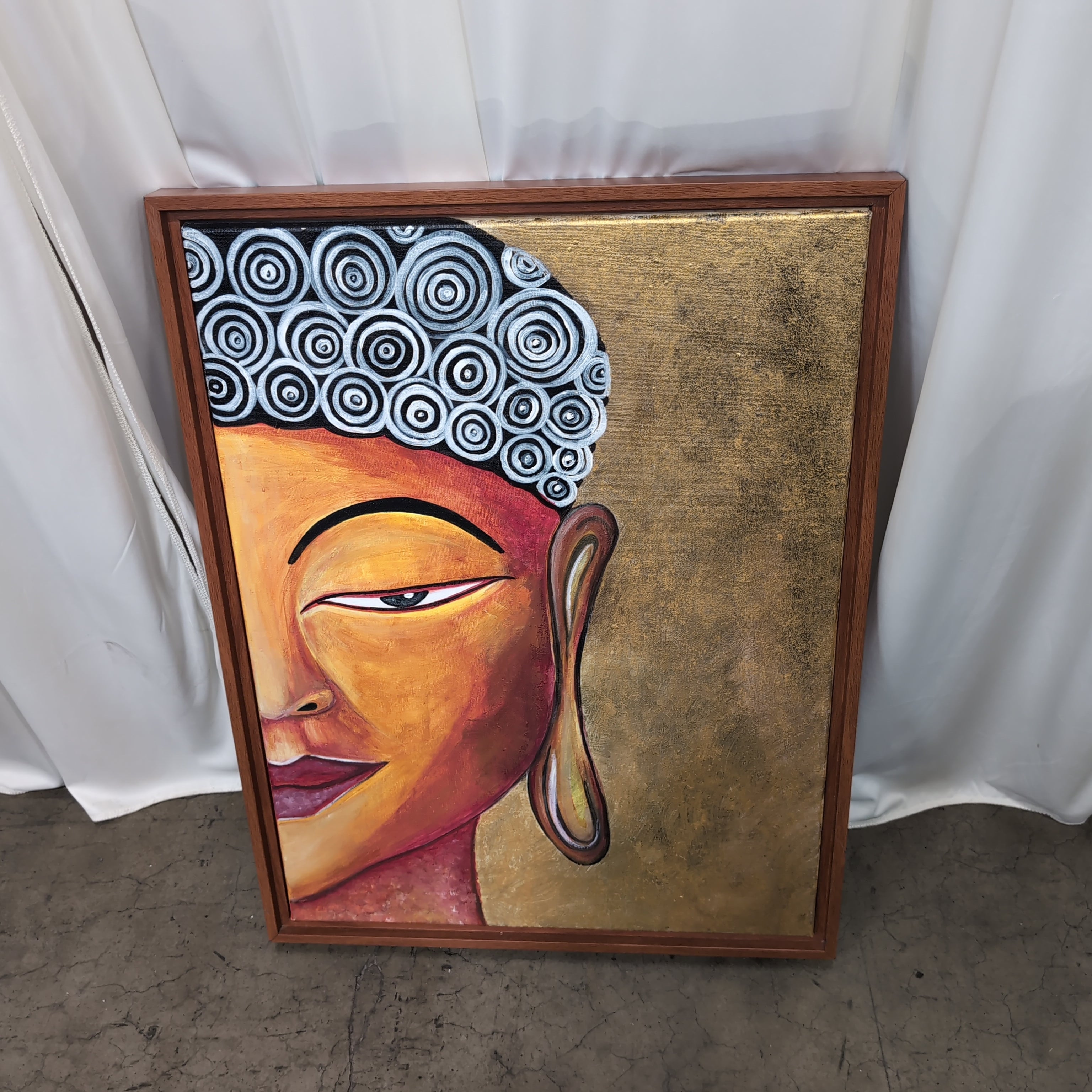 Modern Gold and Orange Buddha Painting with Wood Frame