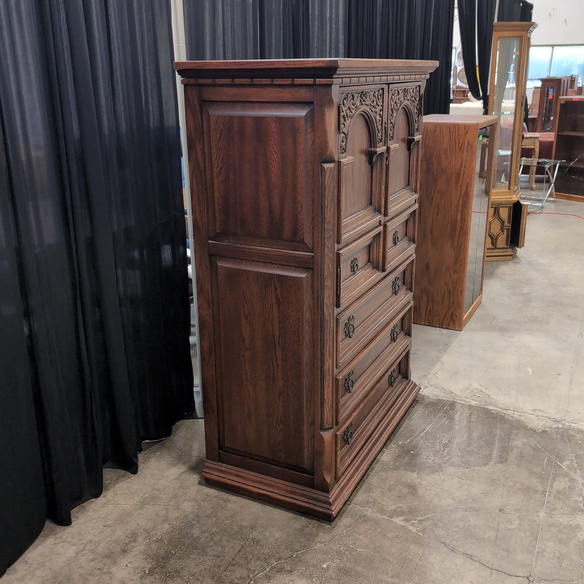 Dark Wood Carved Traditional Armoire with Ornate Hardware