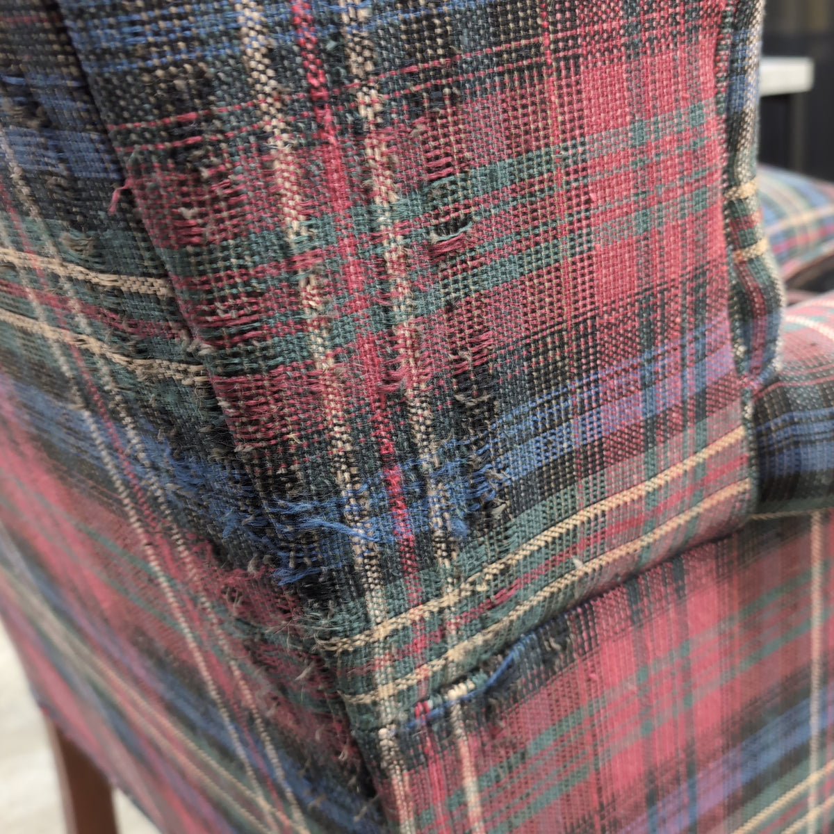 Traditional Red Plaid Wingback Chair with Carved Legs