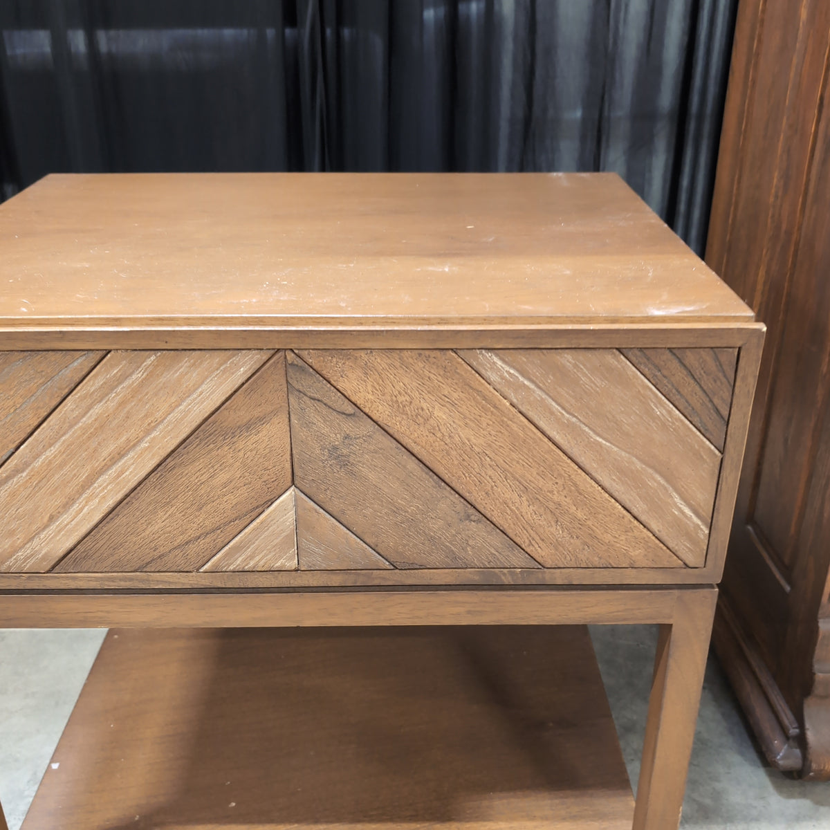 Crate & Barrel Warm Brown Wood Nightstand with Geometric Drawer