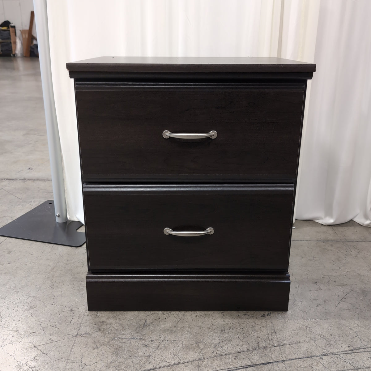 Dark Espresso Two-Drawer Nightstand with Silver Pulls