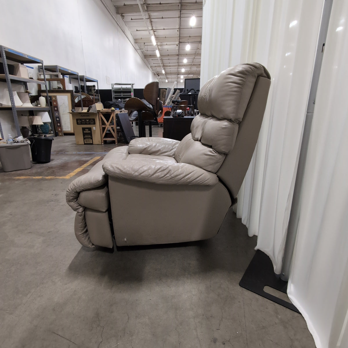 Overstuffed Light Beige Recliner in Leather