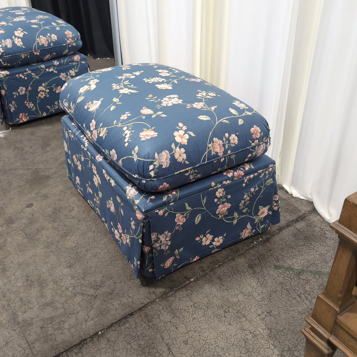 Blue Floral Fabric Ottoman with Skirted Base