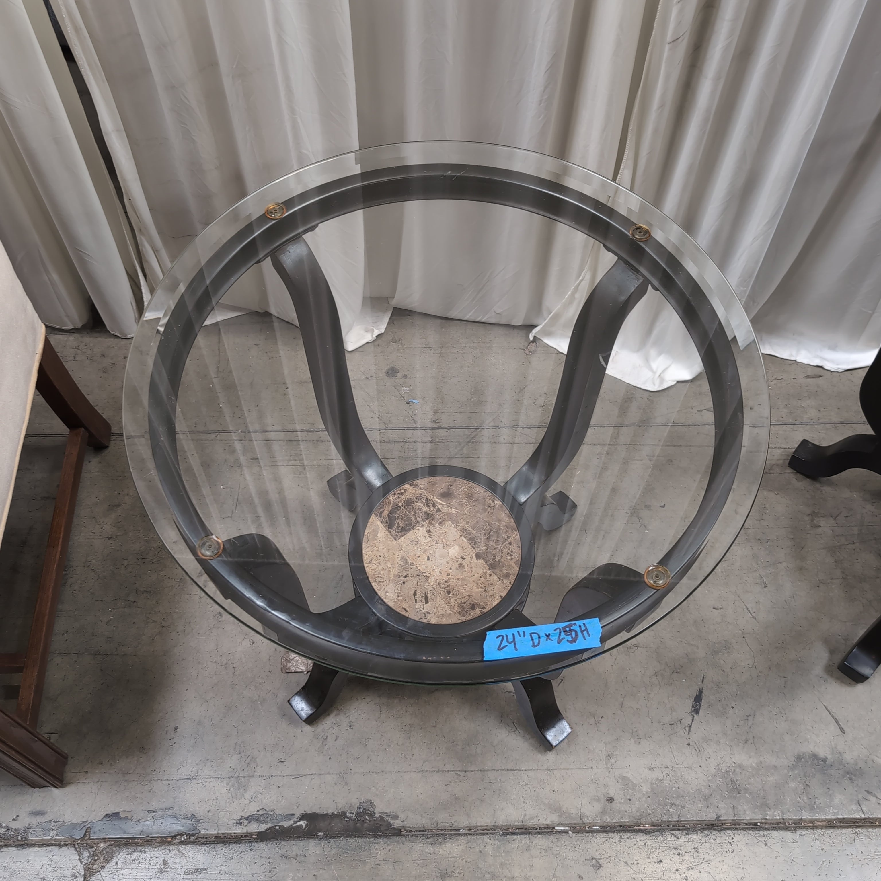 Dark Metal and Glass Coffee Table Set with Marble Inlay