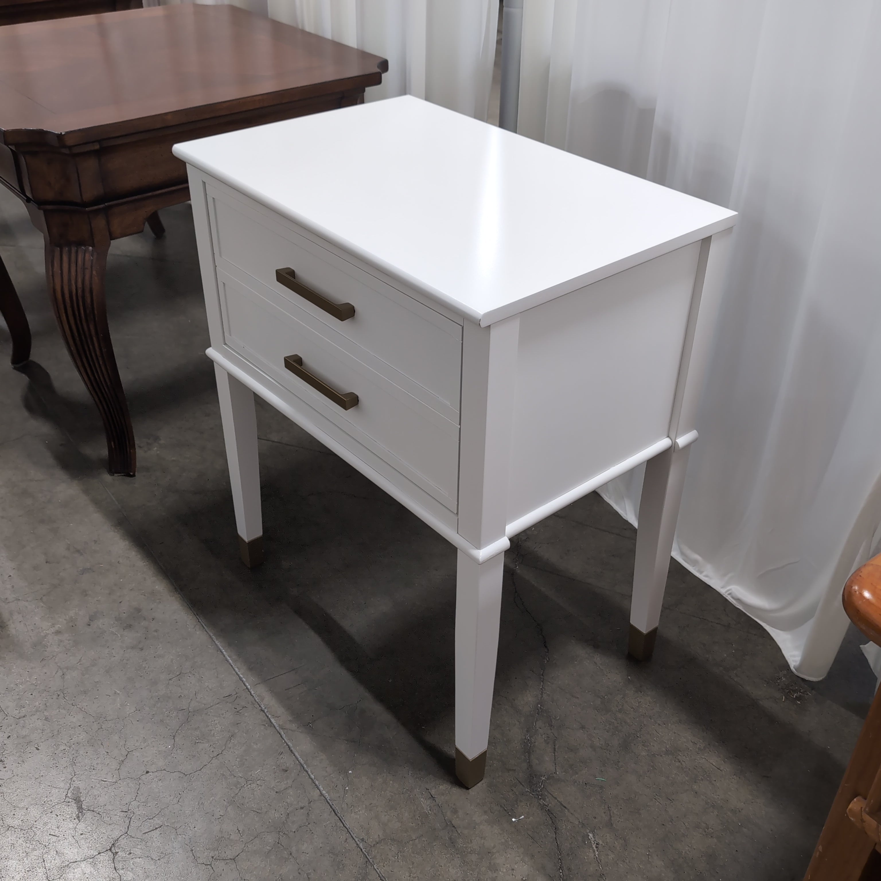 White Two-Drawer Nightstand with Bronze Hardware