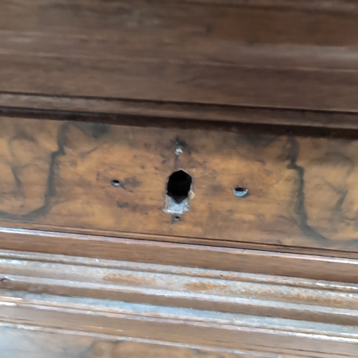 Antique Dark Wood Burl Veneer Dresser with Ornate Hardware