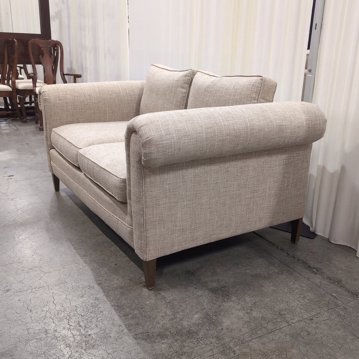 Light Beige Rolled Arm Loveseat in Woven Fabric