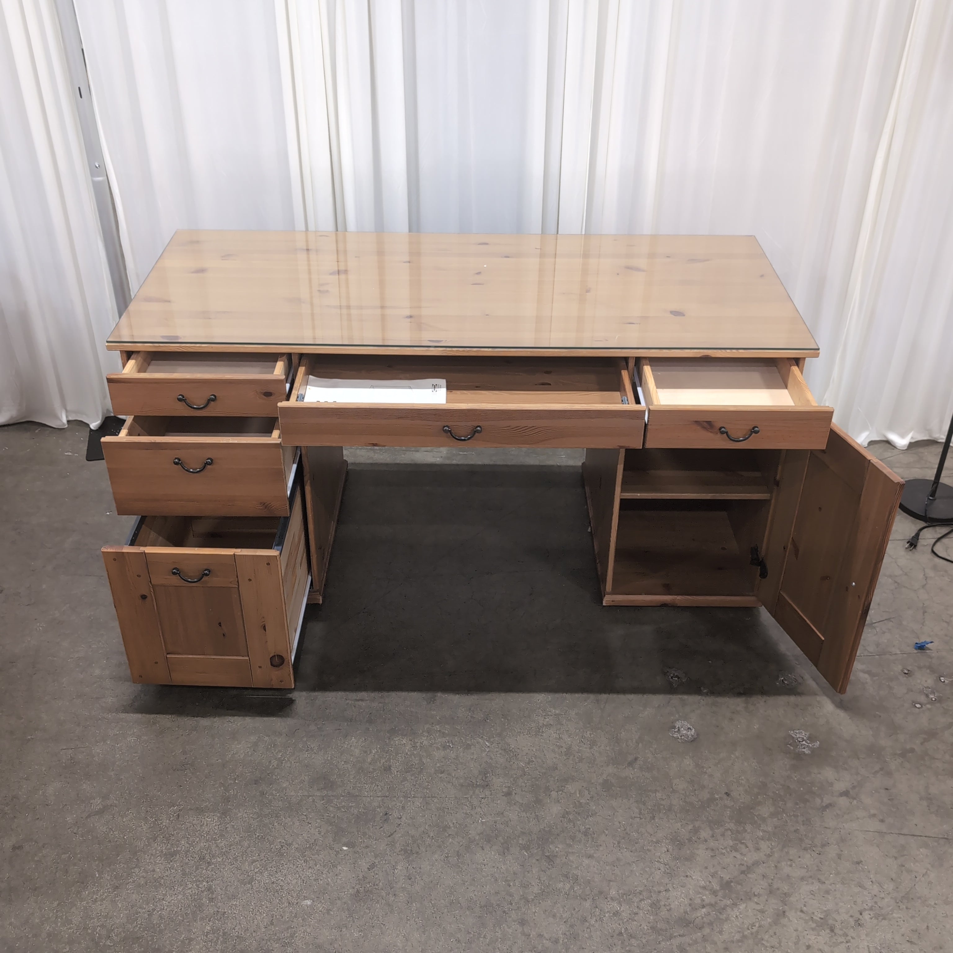 Light Wood Desk with Glass Top and Storage Drawers
