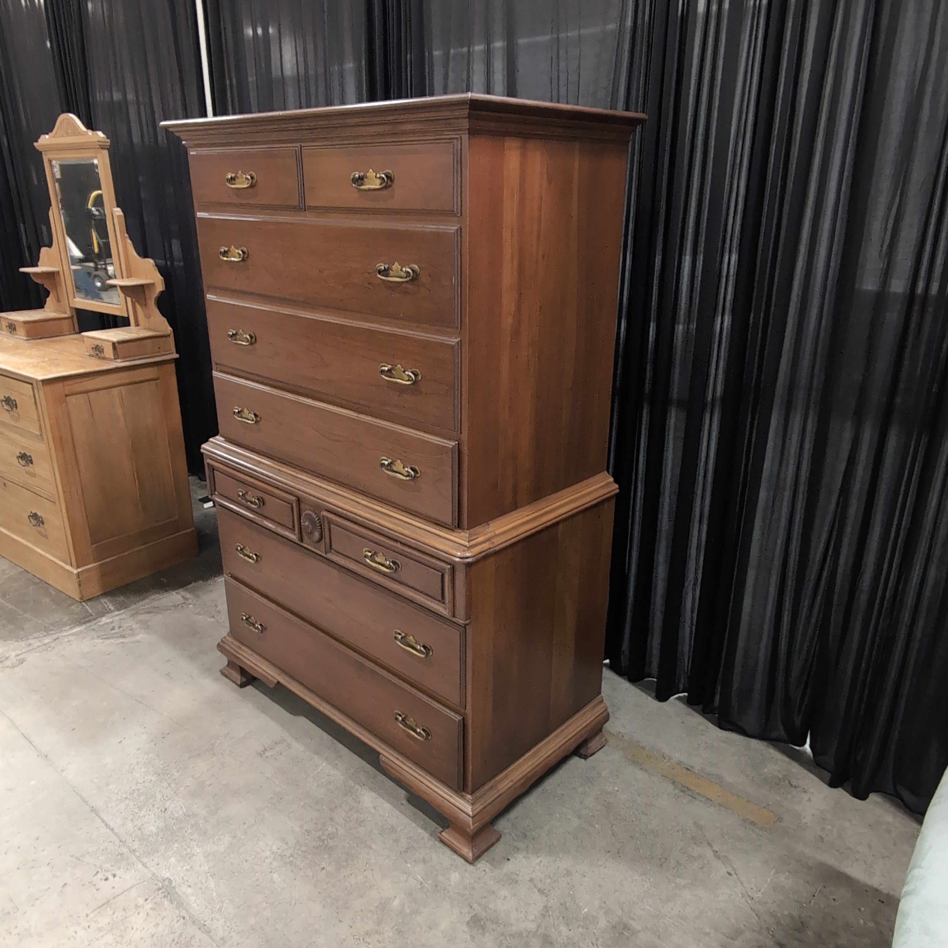 Traditional Cherry Stained Wood Tall Dresser with Ornate Hardware