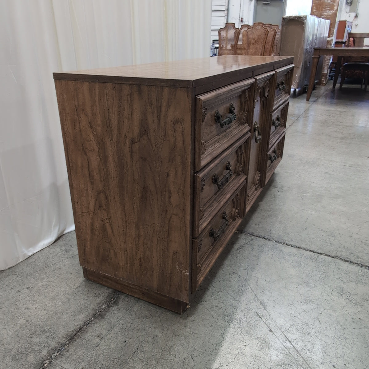Ornate Carved Wood Buffet with Brass Hardware