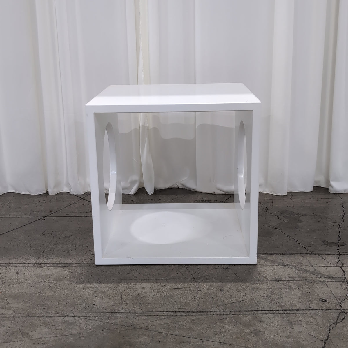 White Cube End Table with Circular Cutout