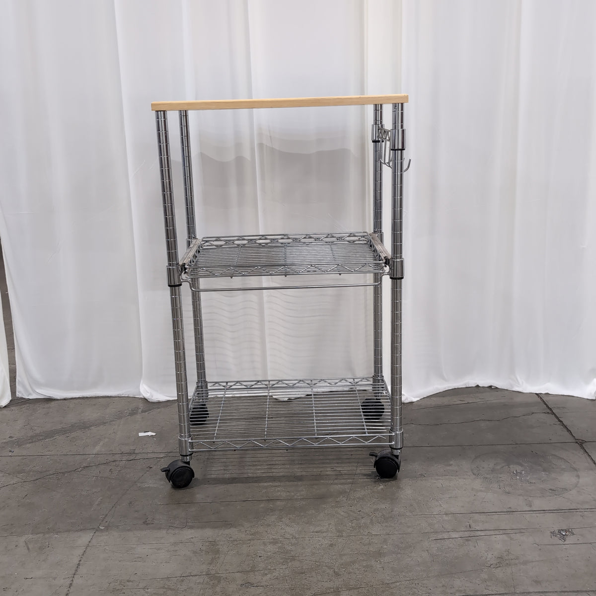 Silver Chrome Rolling Three-Tier Cart with Wood Top